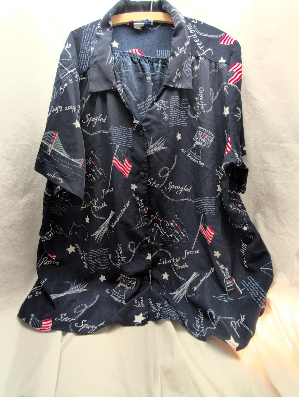 A Personal Touch Womens Navy Blue Short Sleeve Patriotic Blouse, USA patriotic